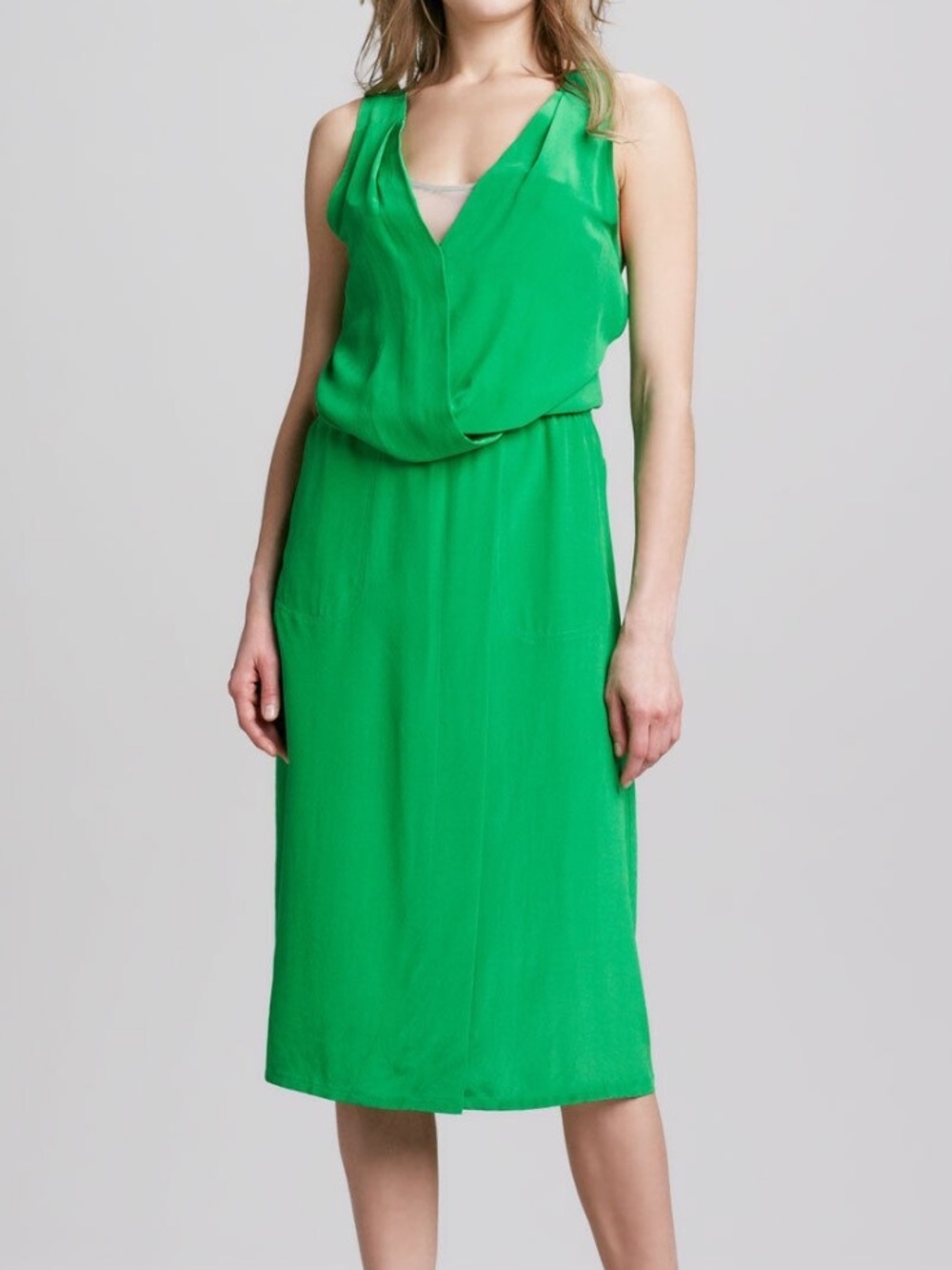 Tracy Reese Anthropologie 100% Silk Green Wrap Midi Dress Cross Back Size Small